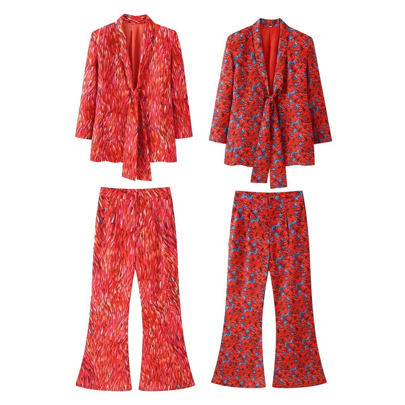 Damen Zweiteiliges Set Schalkragen-Blazer mit Knotenfront und ausgestellter High-Waist-Hose Nord Taschen