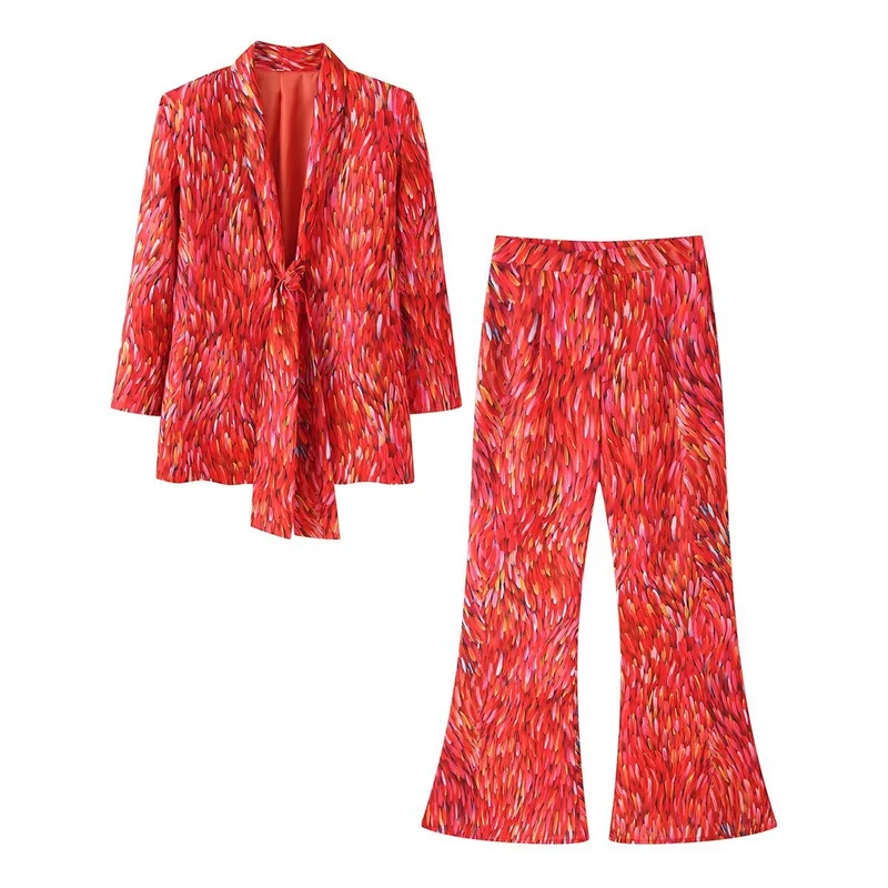 Damen Zweiteiliges Set Schalkragen-Blazer mit Knotenfront und ausgestellter High-Waist-Hose Nord Taschen
