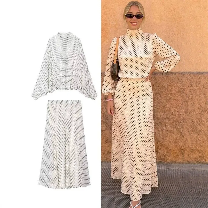Damen Zweiteiliges Set aus leichtem Chiffon mit weitem Midirock und Ballonärmel-Bluse mit Schleifenkragen Nord Taschen