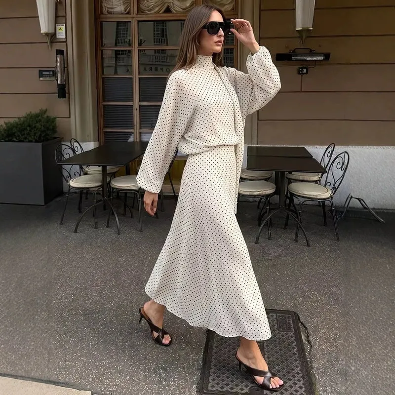 Damen Zweiteiliges Set aus leichtem Chiffon mit weitem Midirock und Ballonärmel-Bluse mit Schleifenkragen Nord Taschen