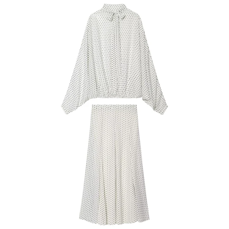 Damen Zweiteiliges Set aus leichtem Chiffon mit weitem Midirock und Ballonärmel-Bluse mit Schleifenkragen Nord Taschen