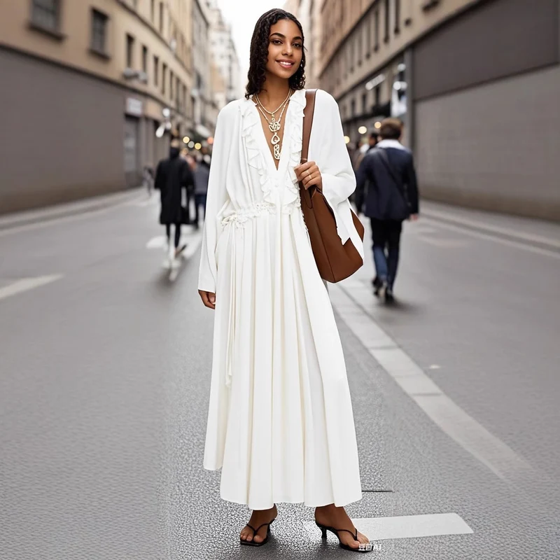 Damen Maxikleid mit Volants, Bindekragen und weitem Glockenärmel Nord Taschen