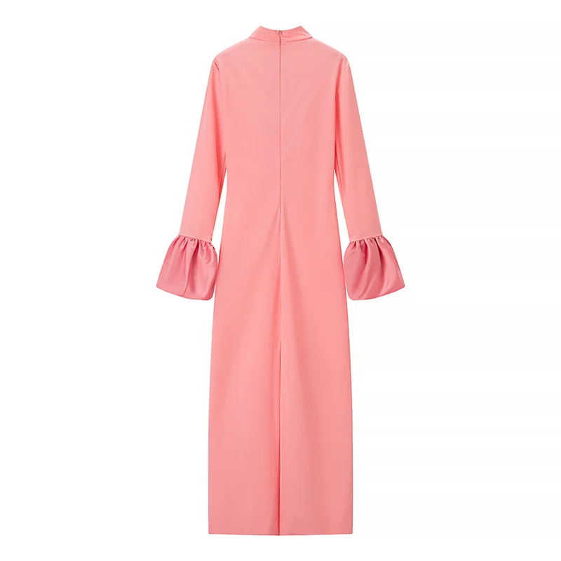 Damen Maxikleid mit Stehkragen und gerafften Volantärmeln Nord Taschen