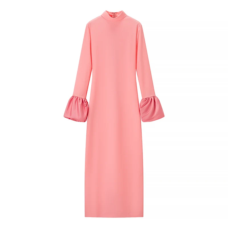 Damen Maxikleid mit Stehkragen und gerafften Volantärmeln Nord Taschen