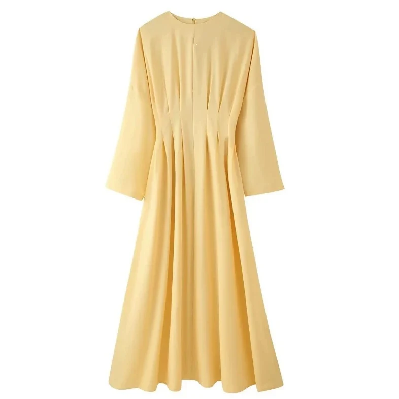 Damen Maxikleid mit plissierten Oberteilfalten, weitem Rock und langen Glockenärmeln Nord Taschen