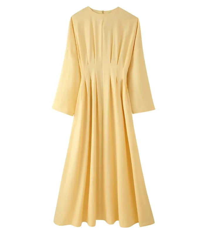 Damen Maxikleid mit plissierten Oberteilfalten, weitem Rock und langen Glockenärmeln Nord Taschen