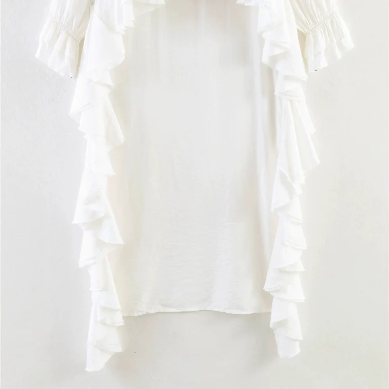 Damen Maxikleid mit asymmetrischem Volantbesatz, V-Ausschnitt und langen Rüschenärmeln Nord Taschen
