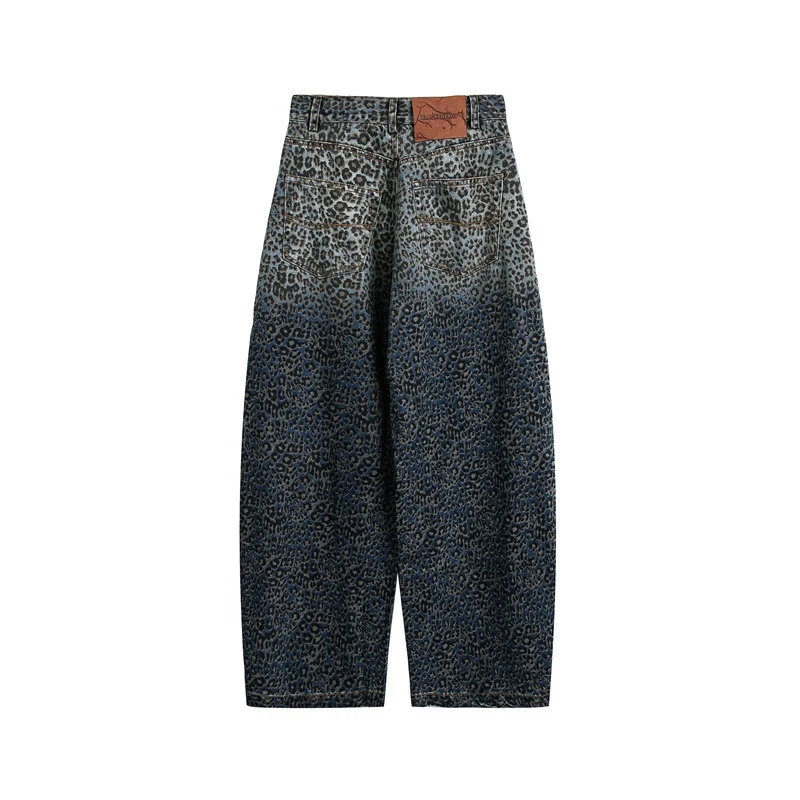 Damen Kurzgeschnittene Weite Jeans mit hoher Taille und Leopardenmuster Nord Taschen