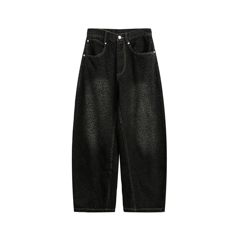 Damen Kurzgeschnittene Weite Jeans mit hoher Taille und Leopardenmuster Nord Taschen