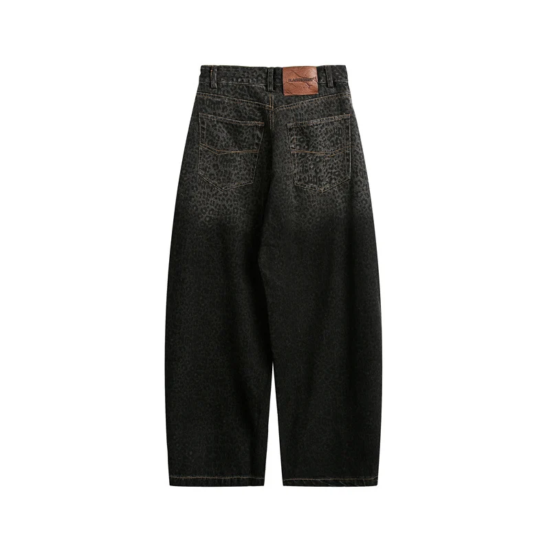 Damen Kurzgeschnittene Weite Jeans mit hoher Taille und Leopardenmuster Nord Taschen