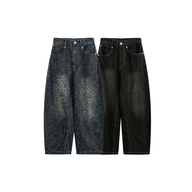 Damen Kurzgeschnittene Weite Jeans mit hoher Taille und Leopardenmuster Nord Taschen