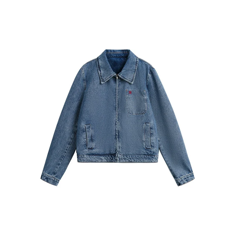 Damen Kurze Oversize-Denimjacke mit durchgehendem Reißverschluss und Brusttasche Nord Taschen