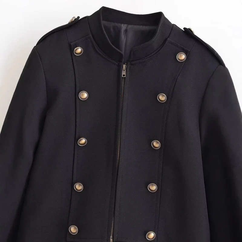 Damen taillierte Kurzjacke im Militärstil mit dekorativer Doppelknopfleiste, Reißverschluss und Schulterpatten Nord Taschen