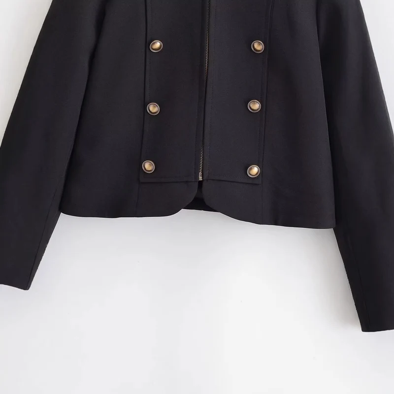 Damen taillierte Kurzjacke im Militärstil mit dekorativer Doppelknopfleiste, Reißverschluss und Schulterpatten Nord Taschen