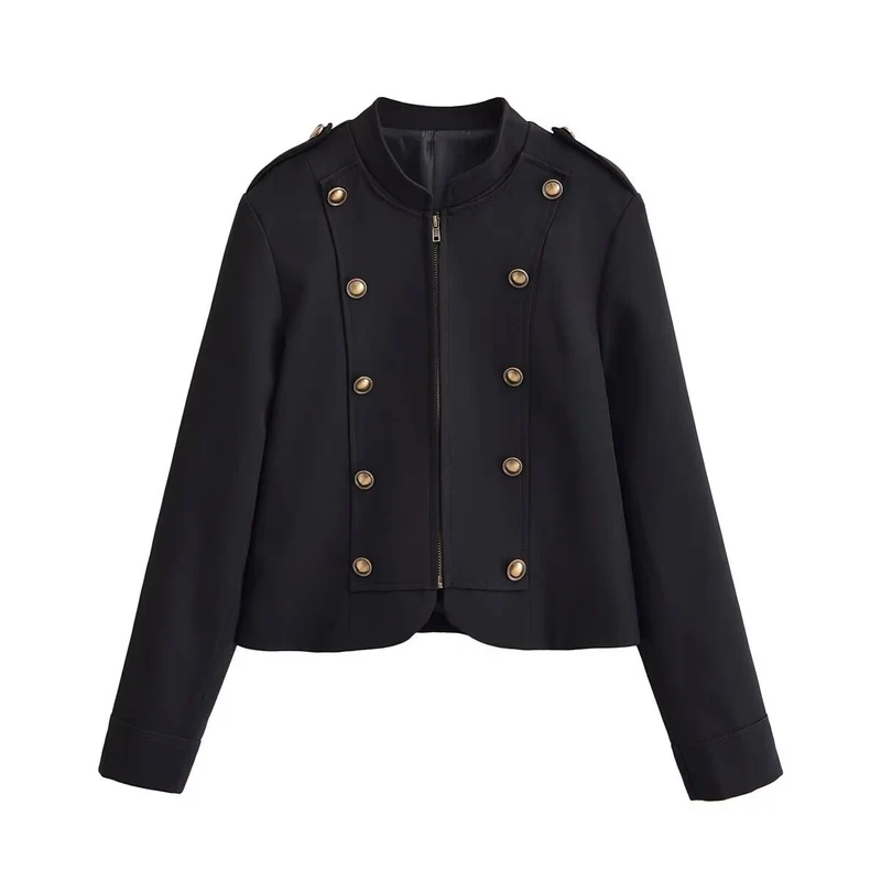 Damen taillierte Kurzjacke im Militärstil mit dekorativer Doppelknopfleiste, Reißverschluss und Schulterpatten Nord Taschen