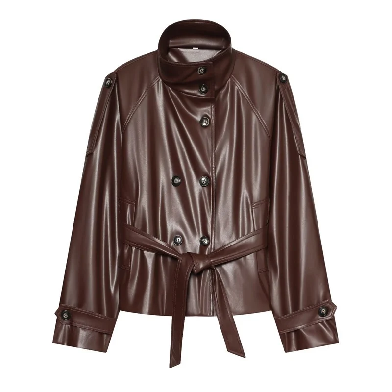 Damen taillierte Kunstlederjacke mit Stehkragen, Bindegürtel und doppelreihiger Knopfleiste Nord Taschen