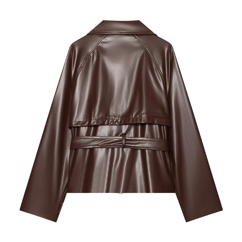 Damen taillierte Kunstlederjacke mit Stehkragen, Bindegürtel und doppelreihiger Knopfleiste Nord Taschen