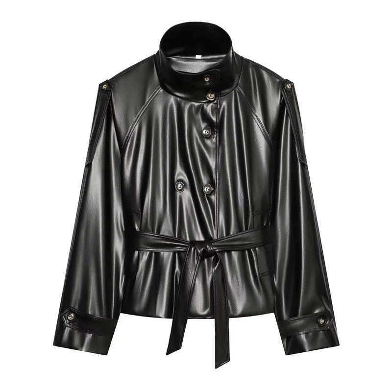 Damen taillierte Kunstlederjacke mit Stehkragen, Bindegürtel und doppelreihiger Knopfleiste Nord Taschen