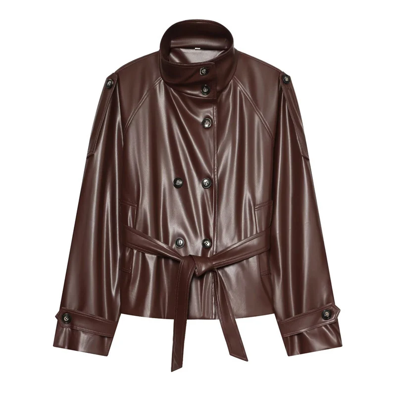 Damen taillierte Kunstlederjacke mit Stehkragen, Bindegürtel und doppelreihiger Knopfleiste Nord Taschen