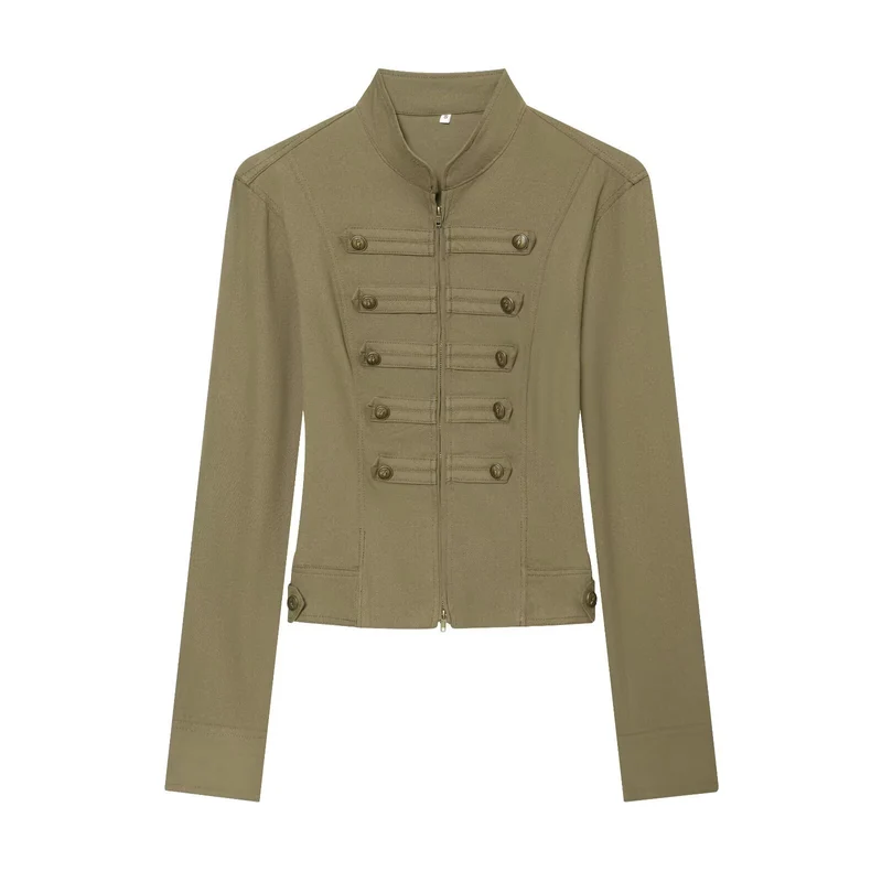 Damen taillierte Feldjacke im Regimentsstil mit Stehkragen und Zierstreifen Nord Taschen