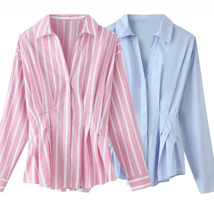 Damen taillierte Bluse mit Kellerfalten und Hemdkragen Nord Taschen