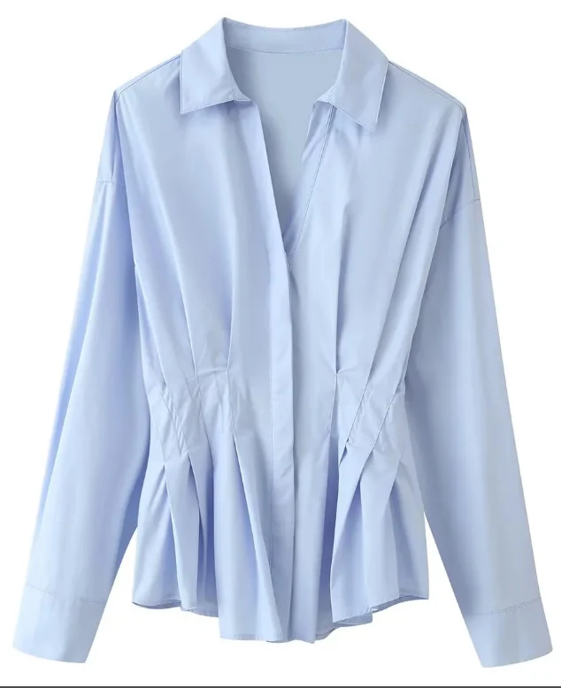Damen taillierte Bluse mit Kellerfalten und Hemdkragen Nord Taschen