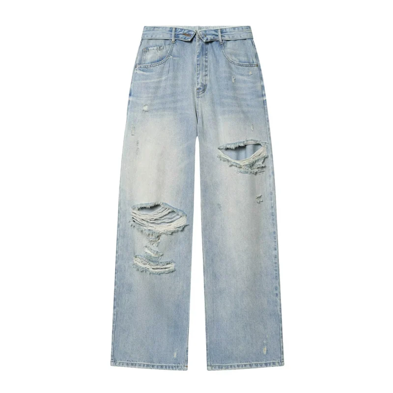 Damen Taillenhohe Jeans mit weitem Bein und Used-Waschung Nord Taschen
