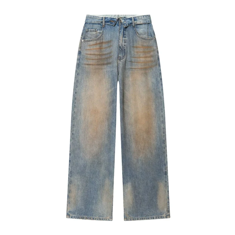 Damen Taillenhohe Jeans mit weitem Bein und Used-Waschung Nord Taschen