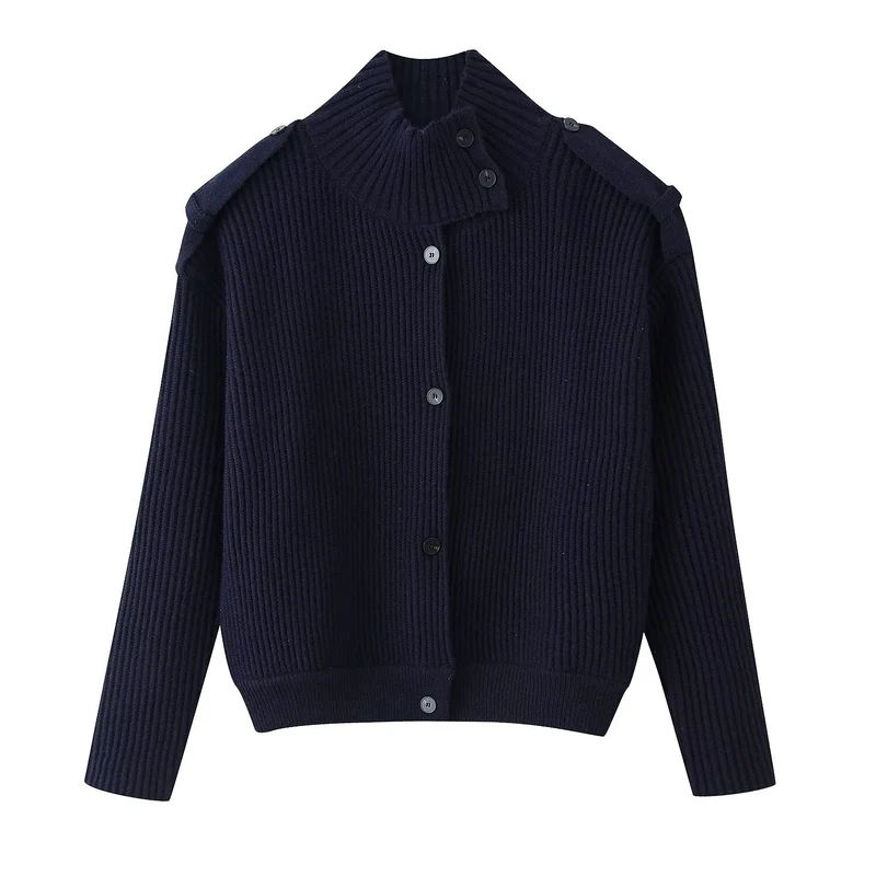 Damen Strukturstrick-Cardigan mit Stehkragen, Knopfleiste und Schulterpatten Nord Taschen