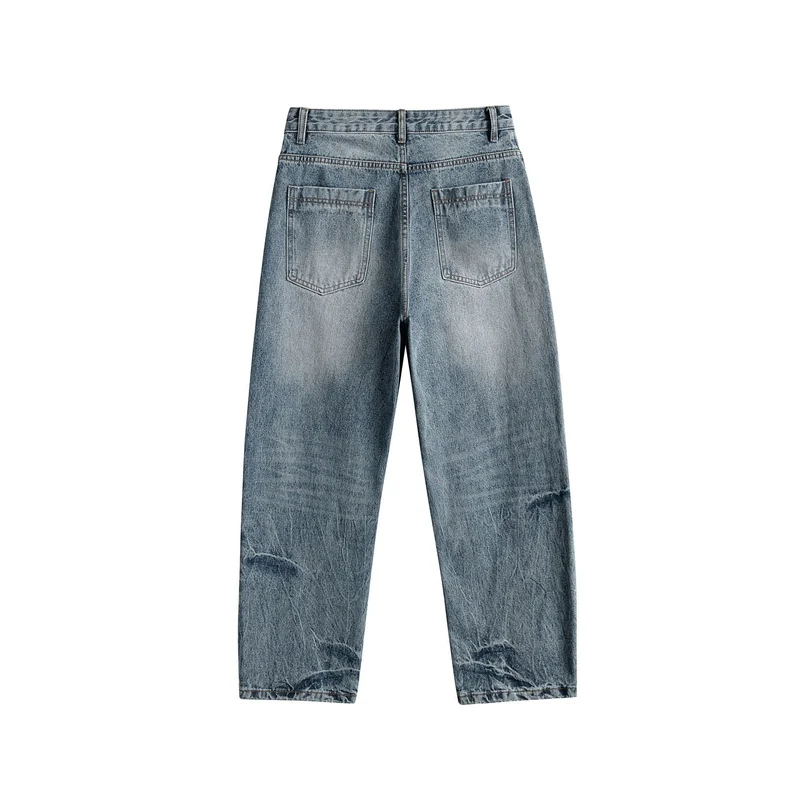 Damen Relaxed Straight taillenhohe Denim-Jeans mit Used‑Effekt und weitem Bein Nord Taschen