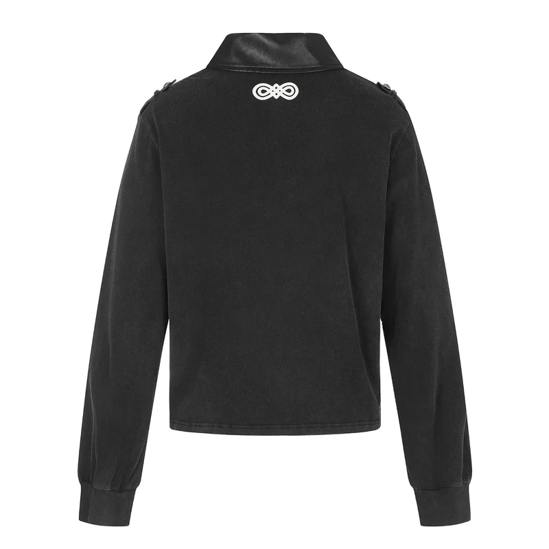 Damen Polo‑Sweatshirt im Military‑Style mit dekorativen Kordelprints und Lederkragen Nord Taschen