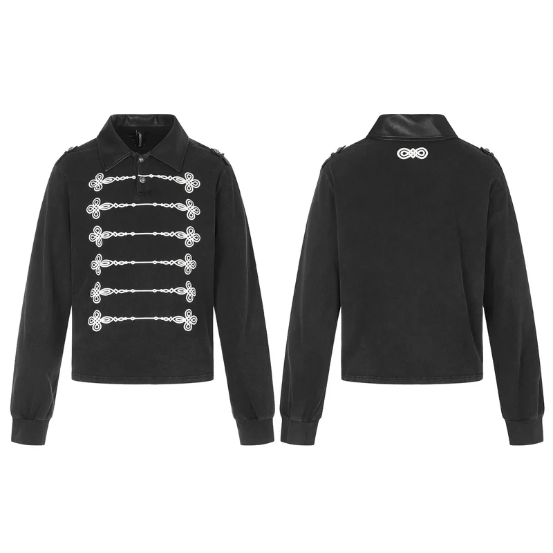 Damen Polo‑Sweatshirt im Military‑Style mit dekorativen Kordelprints und Lederkragen Nord Taschen