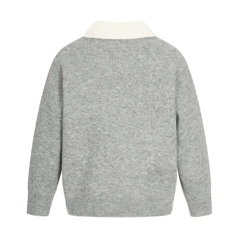 Damen Oversize Wollmix-Pullover mit kontrastpolokragen und V‑Ausschnitt Nord Taschen