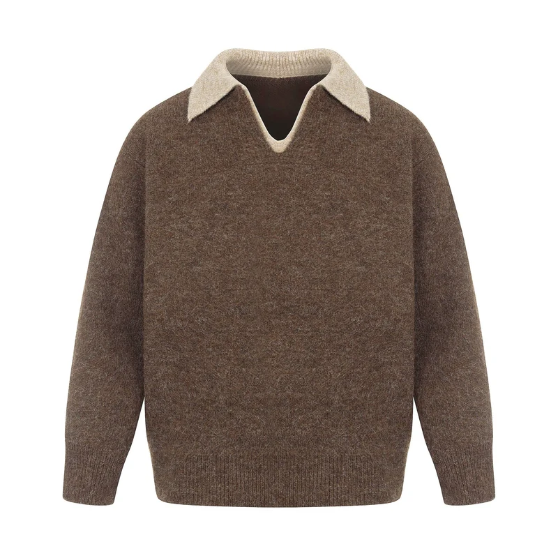 Damen Oversize Wollmix-Pullover mit kontrastpolokragen und V‑Ausschnitt Nord Taschen