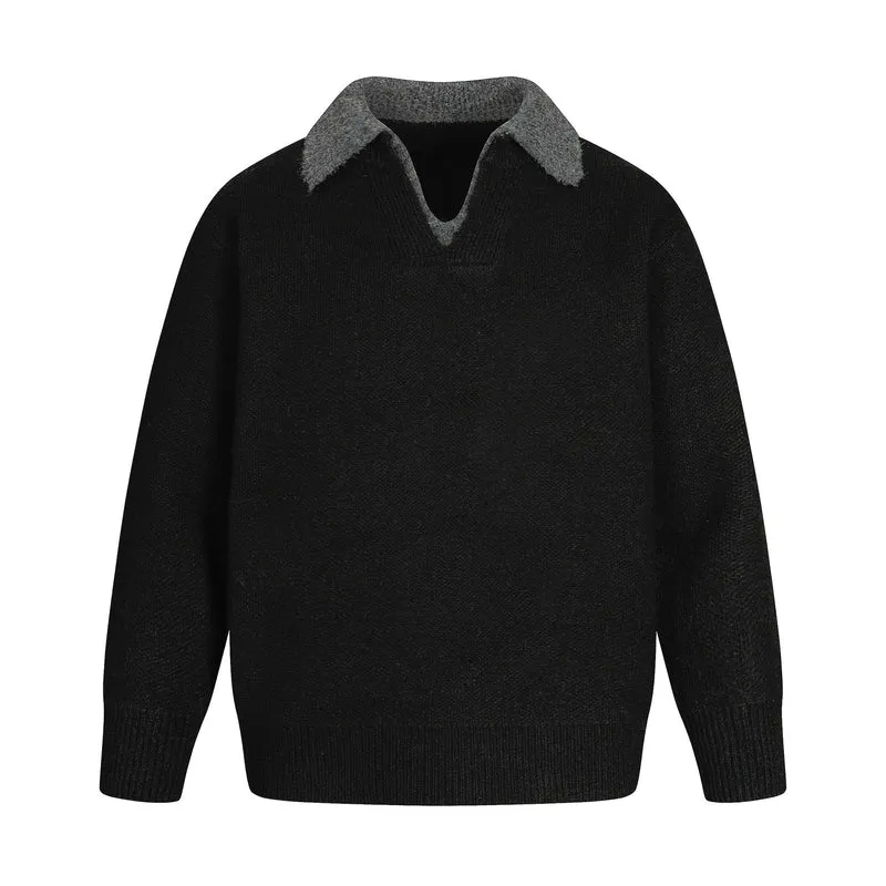 Damen Oversize Wollmix-Pullover mit kontrastpolokragen und V‑Ausschnitt Nord Taschen