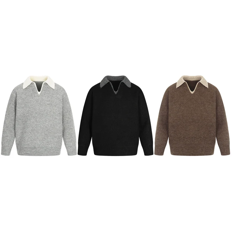 Damen Oversize Wollmix-Pullover mit kontrastpolokragen und V‑Ausschnitt Nord Taschen