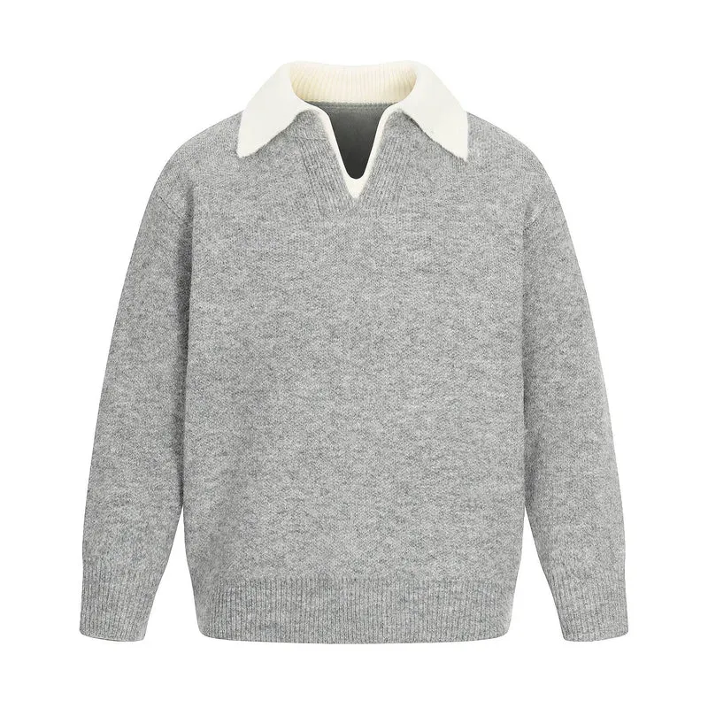 Damen Oversize Wollmix-Pullover mit kontrastpolokragen und V‑Ausschnitt Nord Taschen