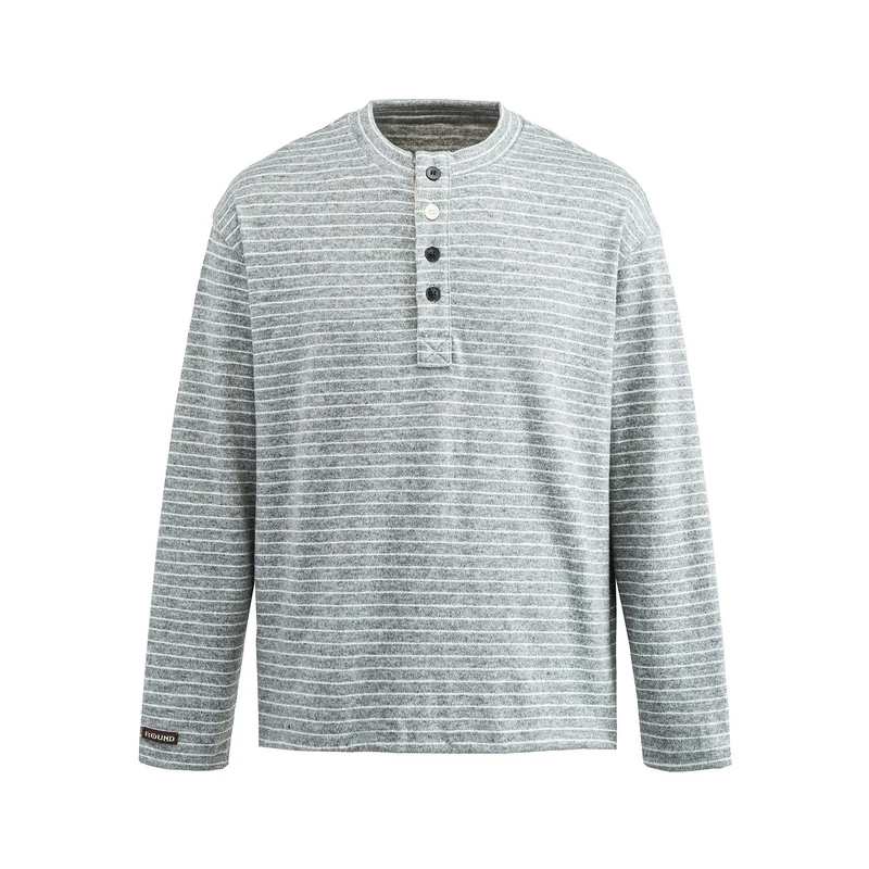 Herren Feinstrick-Henleyshirt mit kurzem Knopfleiste und horizontalem Streifenmuster Nord Taschen