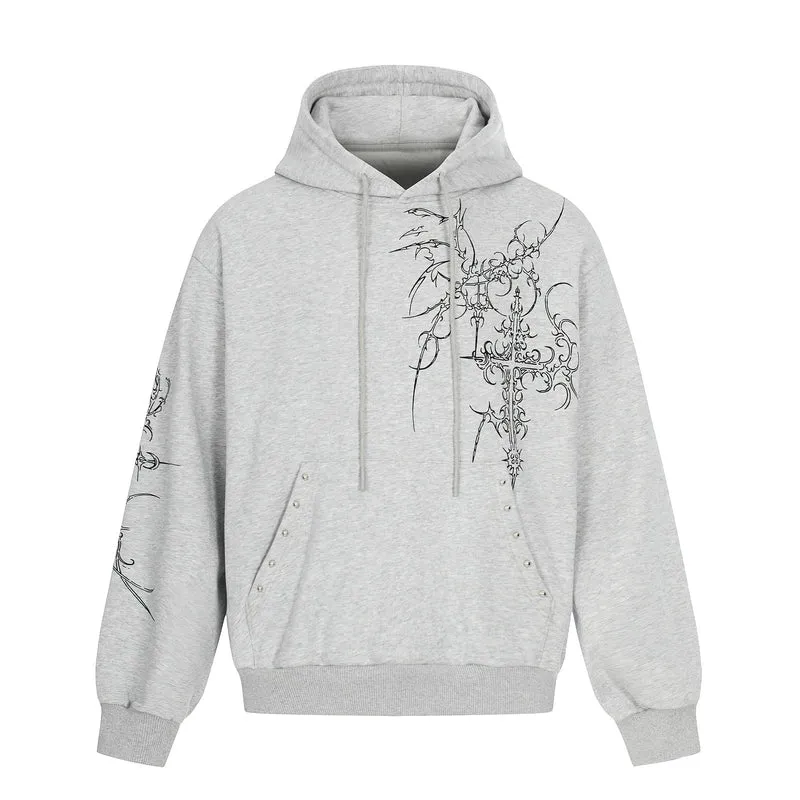 Herren Oversize Kapuzenpullover mit ornamentalem Kreuz‑Print und Nieten Nord Taschen