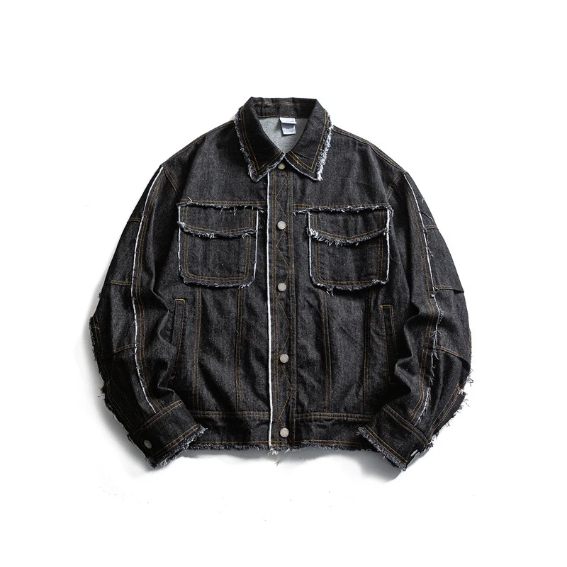 Herren Oversize Jeansjacke mit ausgefransten Kanten und großen Pattenstaschen Nord Taschen