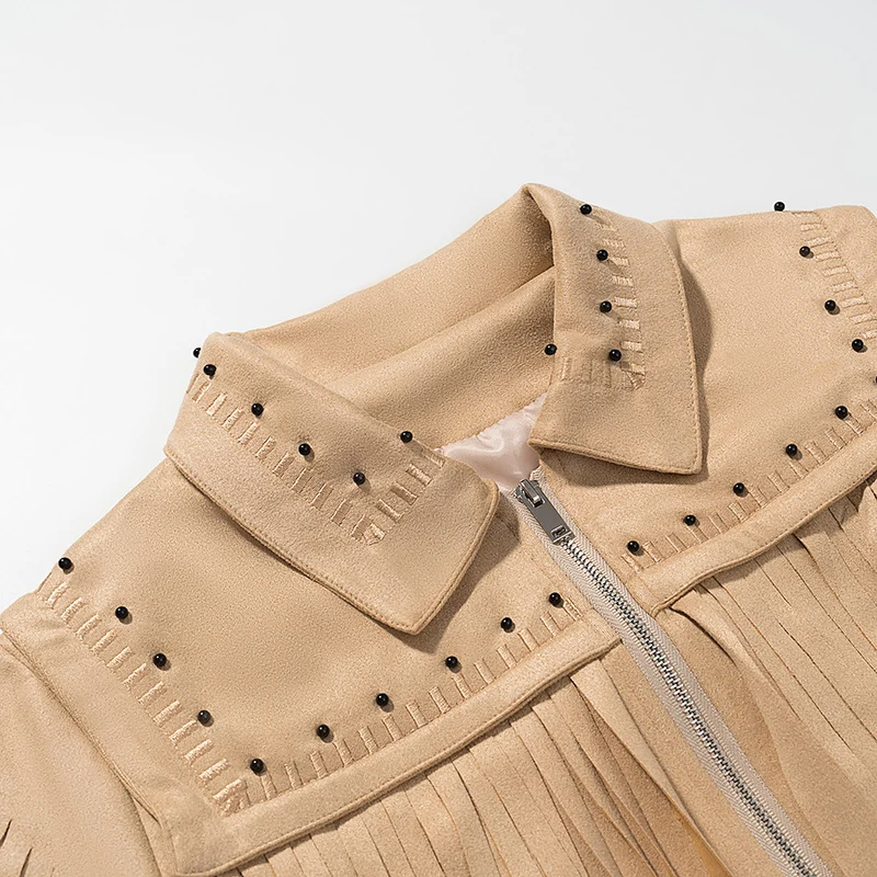 Damen Kurze Fransenjacke aus Wildlederoptik mit Reißverschluss und Nietenbesatz Nord Taschen