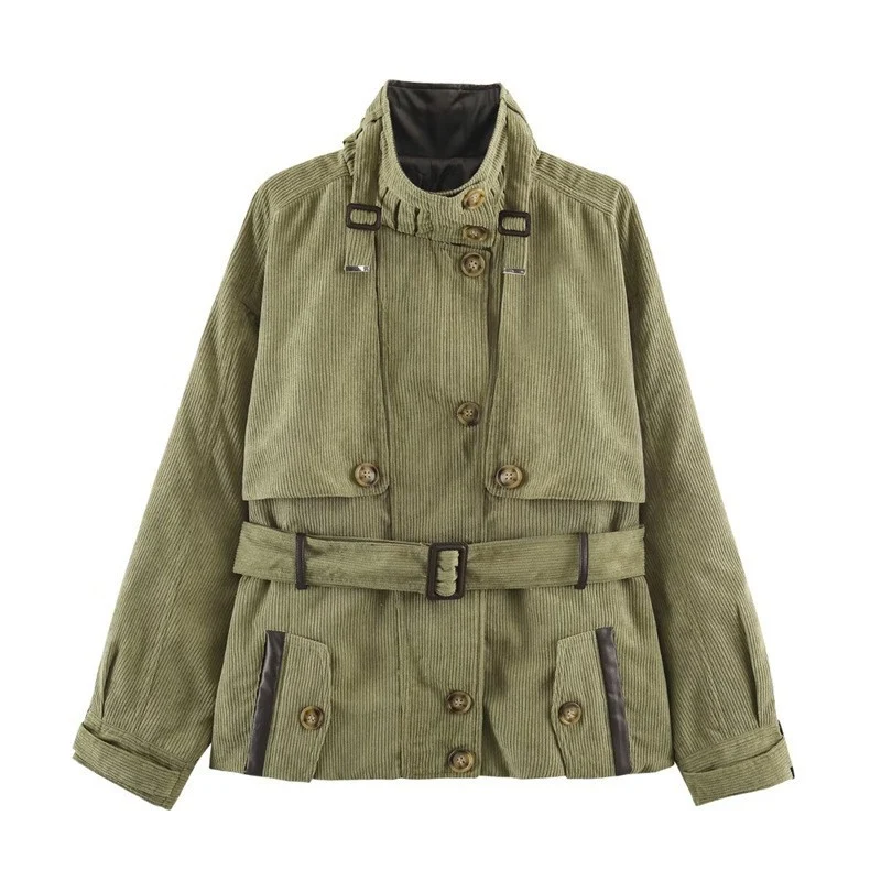 Damen Kurze Cord-Trenchjacke mit Taillengürtel, Cape-Detail und Stehkragen Nord Taschen