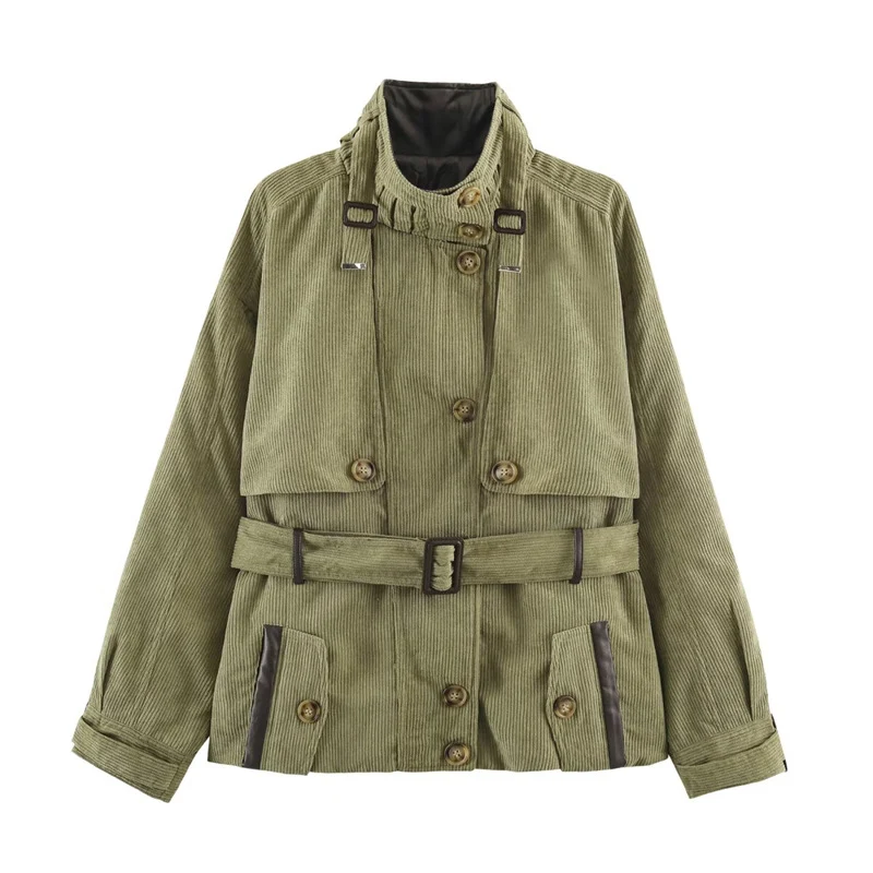 Damen Kurze Cord-Trenchjacke mit Taillengürtel, Cape-Detail und Stehkragen Nord Taschen