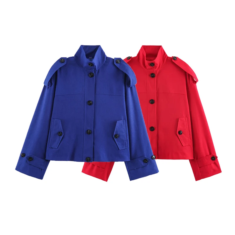 Damen Kurze Cargojacke mit Stehkragen, Schulterklappen und Knopfleiste Nord Taschen
