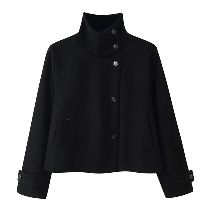 Damen kurze Boxy-Wolljacke mit Stehkragen und Manschetten Nord Taschen