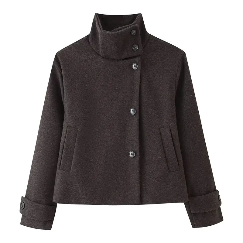 Damen kurze Boxy-Wolljacke mit Stehkragen und Manschetten Nord Taschen