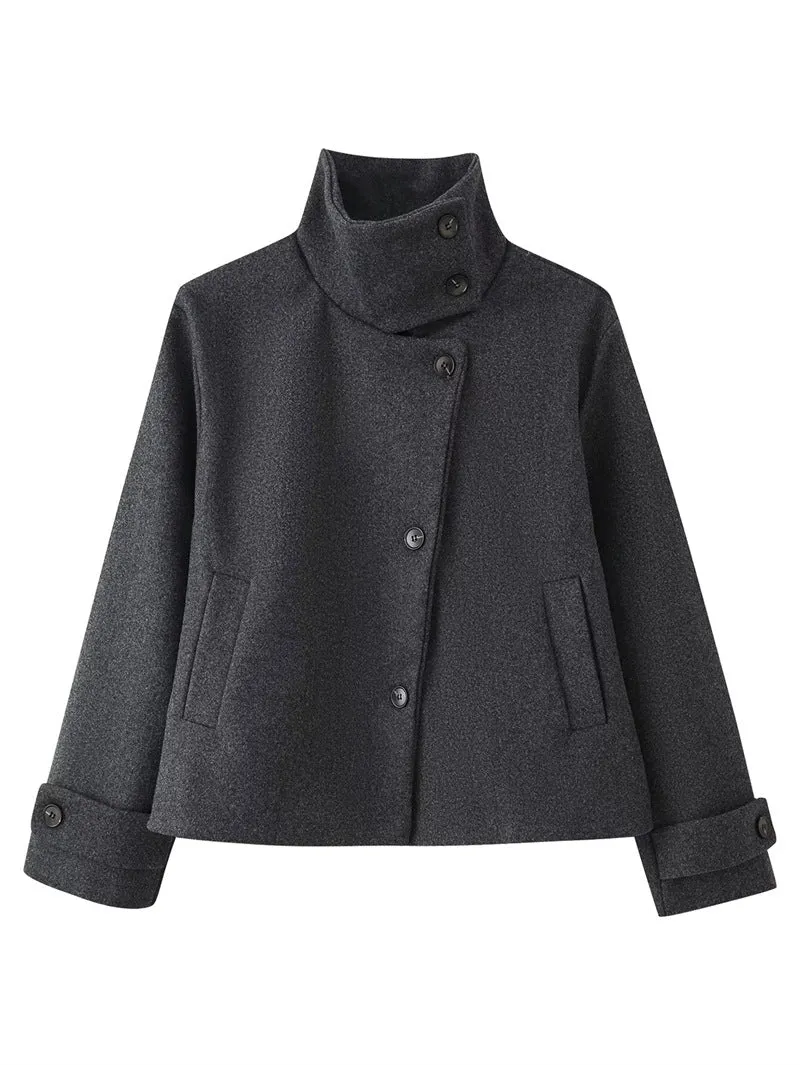 Damen kurze Boxy-Wolljacke mit Stehkragen und Manschetten Nord Taschen