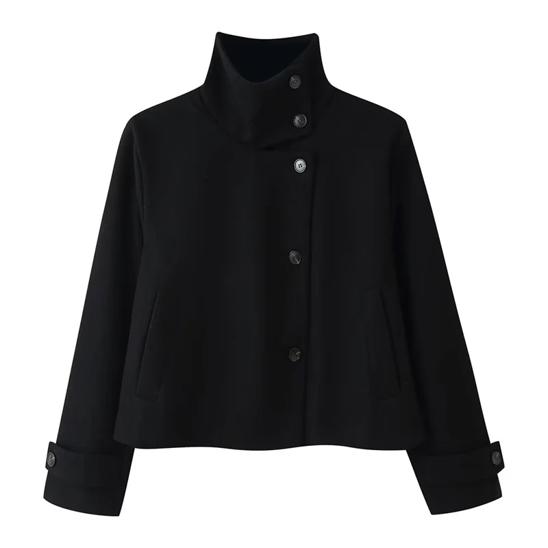 Damen kurze Boxy-Wolljacke mit Stehkragen und Manschetten Nord Taschen