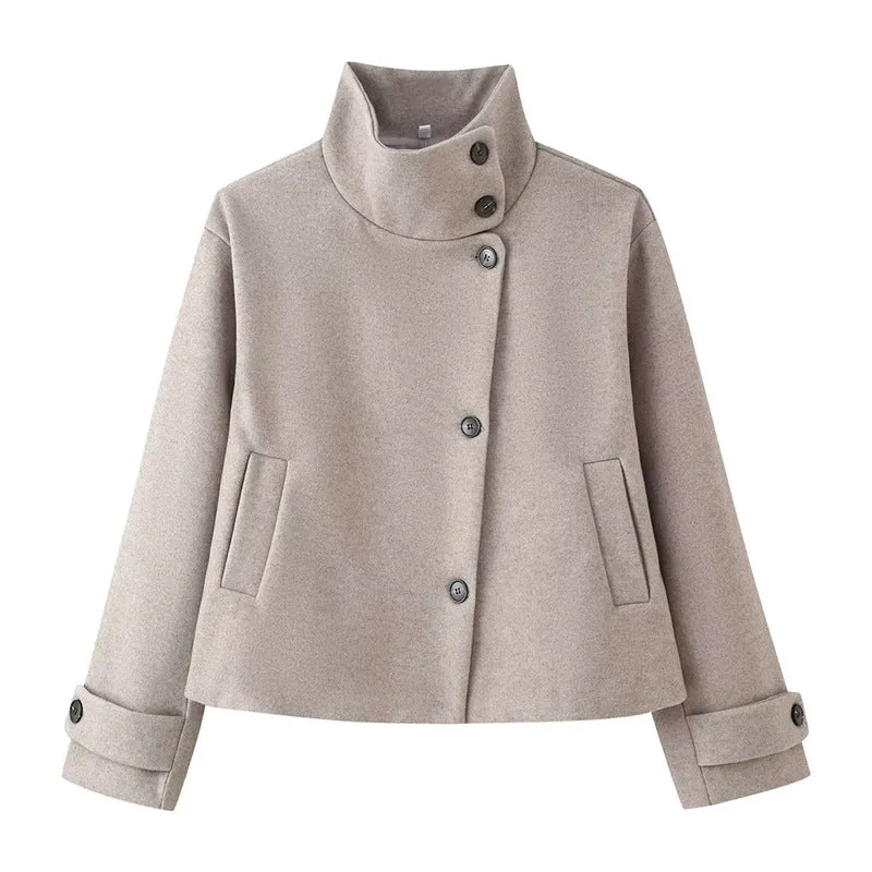 Damen kurze Boxy-Wolljacke mit Stehkragen und Manschetten Nord Taschen