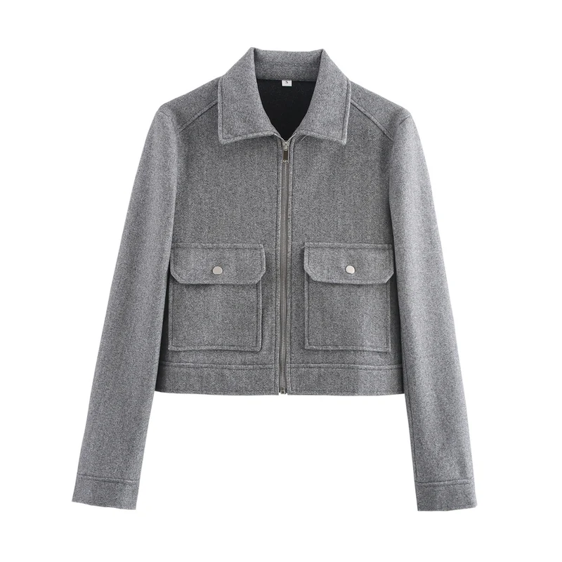 Damen kurze Boxy-Wolljacke mit durchgehendem Reißverschluss und aufgesetzten Pattentaschen Nord Taschen